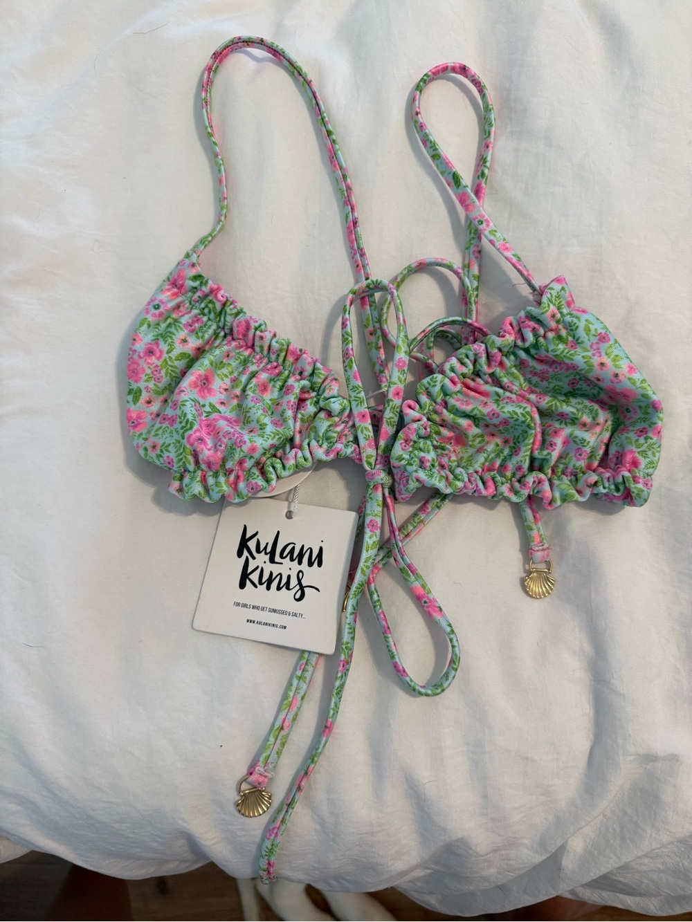 Kulani Kinis Pink & Mint Floral Bikini Top with Ruffle